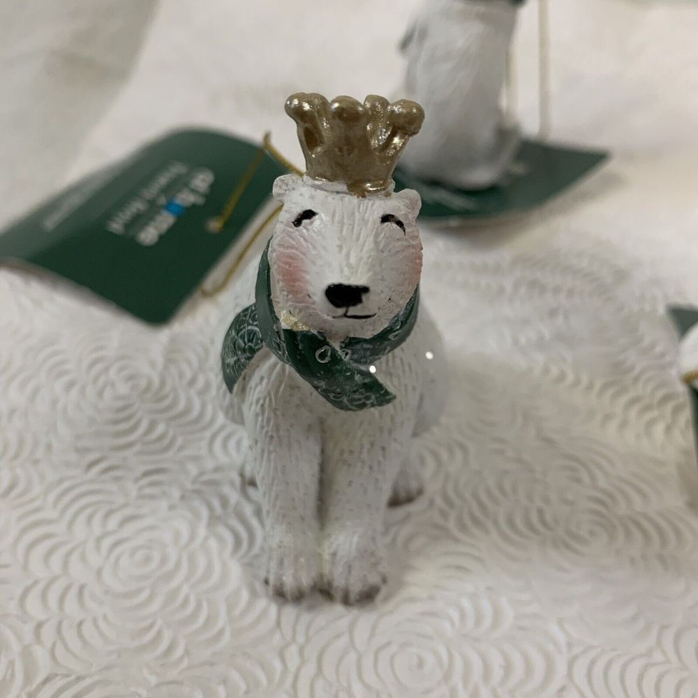 5 Christmas Tree Ornaments Fox Bear Owl with Crowns Ceramic White Green Gold Lot - Picture 4 of 16